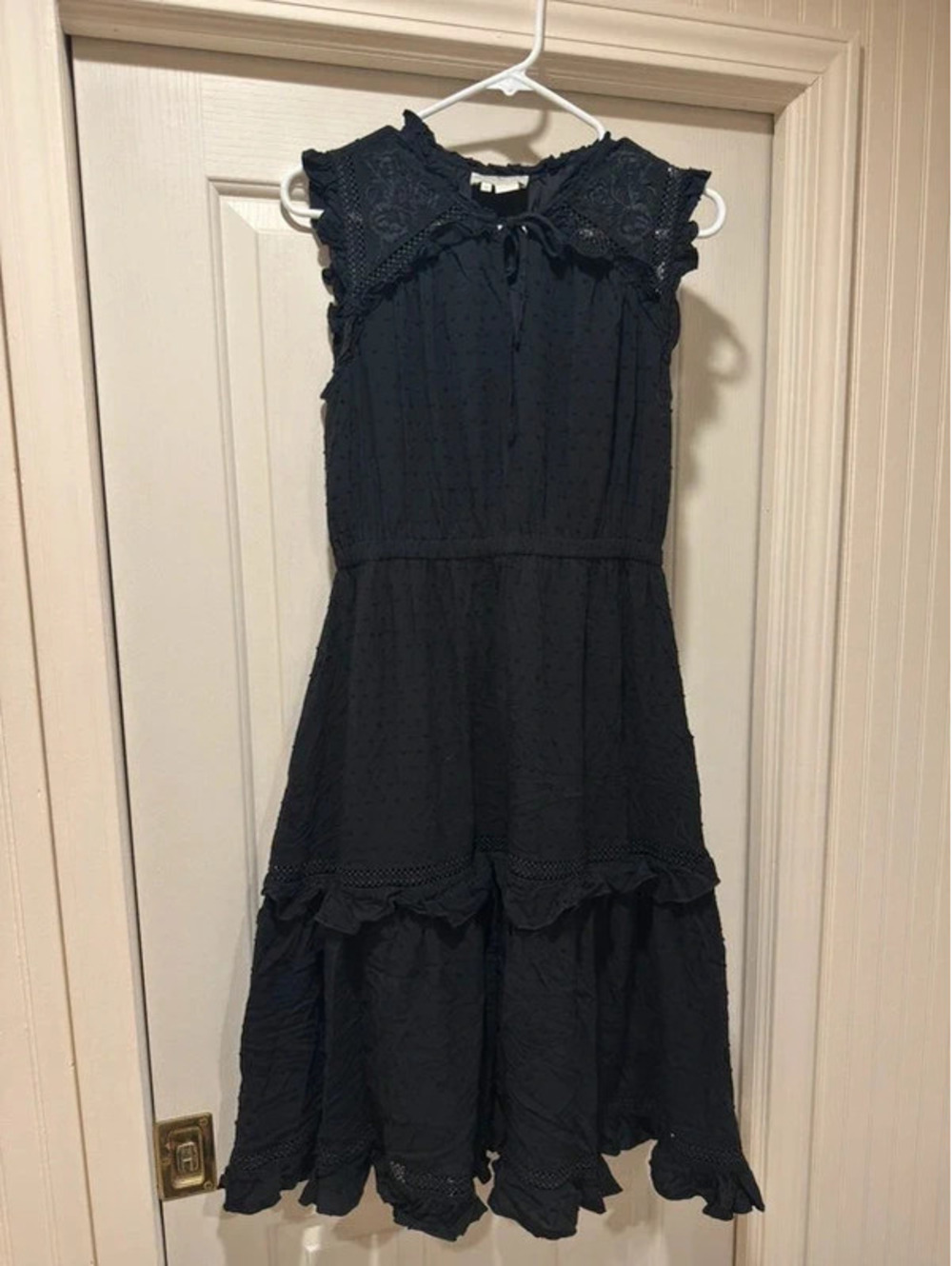 Kate Spade New York Black Swiss Dot Lace Ruffle Midi Dress Tie Neck